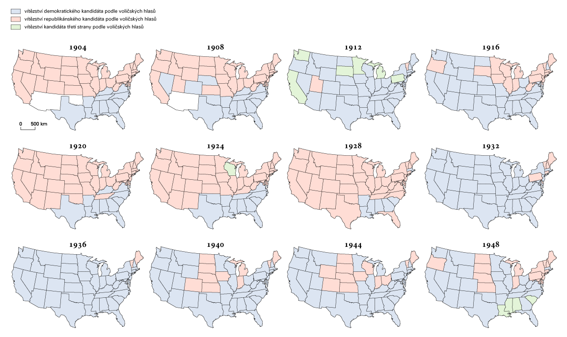Volební výsledky v jednotlivých státech v letech 1904–1948 (klikněte pro zvětšení)